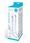 Glas 8 Inch Ribbed Glass G-Spot Dildo with Balls Clear packaging showcasing product details.