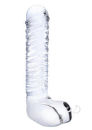 Glas 8 Inch Ribbed Glass G-Spot Dildo with Balls Clear showcasing the ribbed texture and lifelike features.