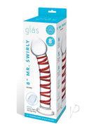 Glas Mr Swirly 8 Inch Glass Dildo Clear and Red product packaging showcasing elegant design and spiral texture.