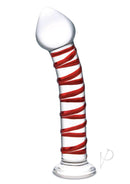Glas Mr Swirly 8 Inch Glass Dildo Clear and Red showcasing vivid red spiral ridge and tapered tip design.