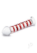 Glas Mr Swirly 8 Inch Glass Dildo Clear and Red with spiral design and tapered tip for G-spot stimulation.