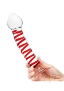 Glas Mr Swirly 8 Inch Glass Dildo Clear and Red held in hand with vivid red spiral design.