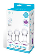 Bling Bling Glass Anal Training Kit 3 Piece Clear packaging showcasing elegant glass plugs with gemmed bases.