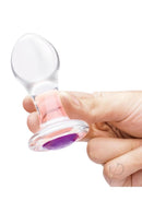 Bling Bling Glass Anal Training Kit 3 Piece Clear plug held in hand, showcasing its elegant design and smooth texture.