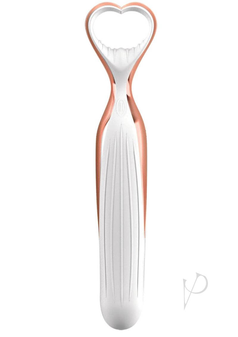 Rose gold and white Woo Vibez vibrator with heart-shaped handle designed for ultimate pleasure and ergonomic fit.