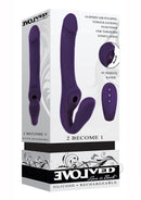 2 Become 1 Silicone Vibrator with Remote Control Purple product packaging with features and remote control image.
