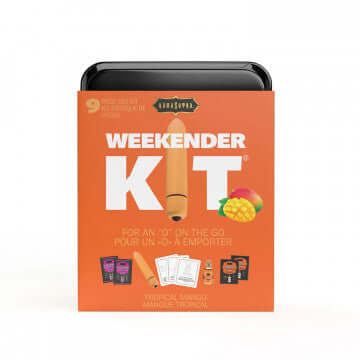 Kama Sutra Weekender Vibe Kit with Tropical Mango theme and mini bullet vibe in vibrant packaging.