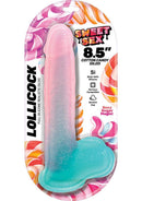 Sweet Sex Lollicock 8.5 inches Dildo in cotton candy design packaging with colorful candy swirls.