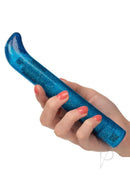 Sparkle Slim G Waterproof Vibrator Blue held in hand with glittery blue design and curved tip for targeted pleasure.