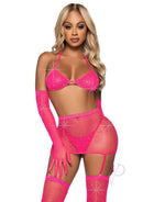 Leg Avenue Rhinestone Fishnet Garter Skirt Set Neon Pink showcasing rhinestone-embellished lingerie set.