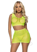 Leg Avenue Crochet Net Crop Top and Mini Skirt Neon Yellow worn by a model, perfect for festivals and pool parties.