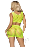 Leg Avenue Crochet Net Crop Top and Mini Skirt Neon Yellow back view showcasing crochet design.