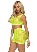 Leg Avenue Crochet Net Crop Top and Mini Skirt Neon Yellow model wearing vibrant two-piece set in neon yellow.