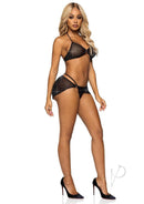Leg Avenue Rhinestone Mesh Bra G-String and Sarong Set Black worn by a model showcasing glamorous style.