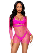 Leg Avenue Fence Net Long Sleeved Mini Dress Neon Pink worn by model, showcasing its bold design and vibrant color.