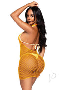 Leg Avenue Woven Net Twist Halter Mini Dress Neon Orange on model showcasing the back and side view.