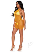 Leg Avenue Woven Net Twist Halter Mini Dress Neon Orange showcased on model, highlighting bold color and open-net texture.