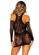 Leg Avenue Lace and Net Racer Back Mini Dress Black featuring sheer lace and net textures on a model.