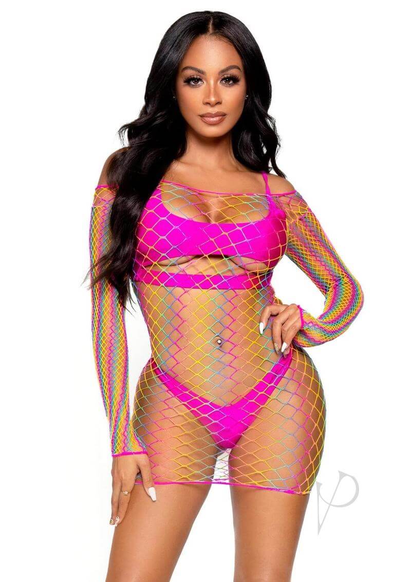 Ombre Rainbow Long Sleeve Mini Dress Os-0
