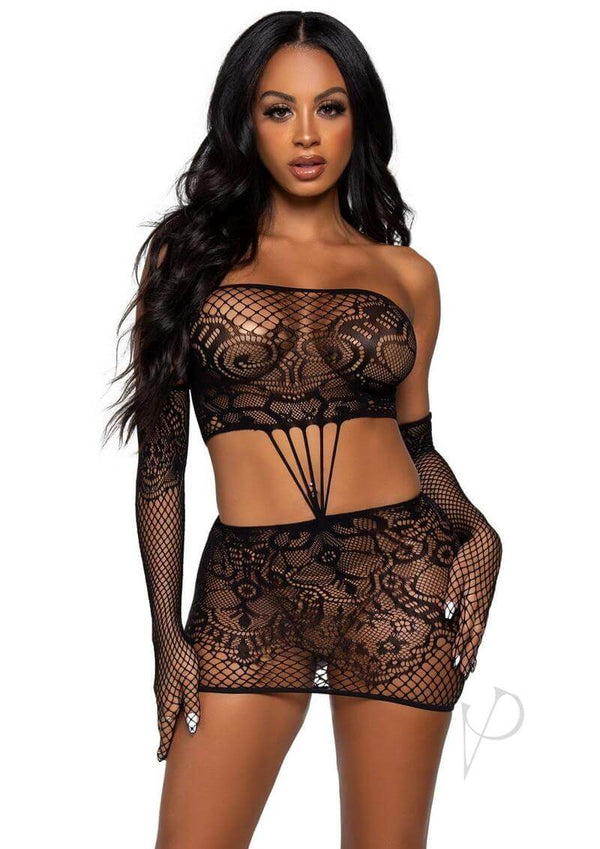 Leg Avenue Strappy Lace Tube Dress with Matching Gloves in black, showcasing a sexy lace design and flattering fit.