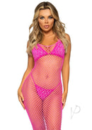 Leg Avenue Woven Twist Net Backless Maxi Dress Neon Pink displayed on model showcasing bold festival style.
