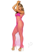 Leg Avenue Woven Twist Net Backless Maxi Dress Neon Pink showcasing a textured design and dramatic silhouette.