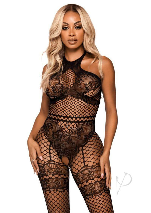 Model wearing Leg Avenue Seamless Industrial Net Halter Bodystocking in black, showcasing a crotchless fishnet lingerie design.