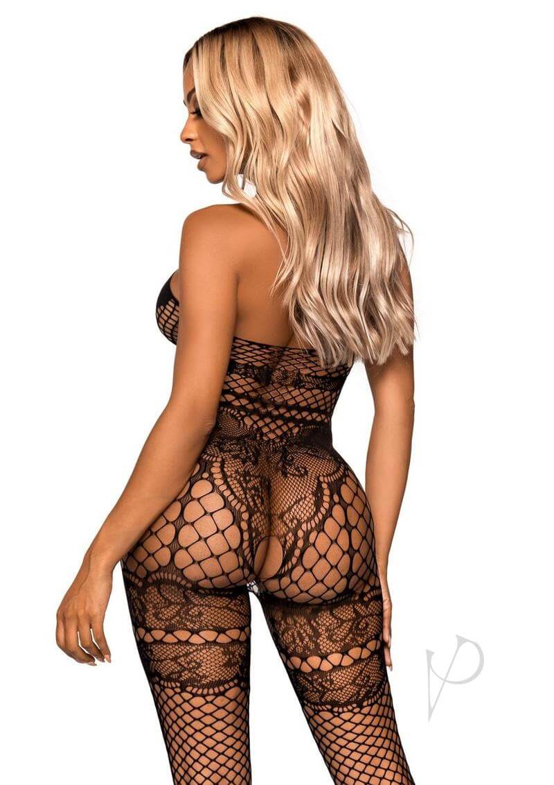 Model showcasing the Leg Avenue Seamless Industrial Net Halter Bodystocking in black, featuring intricate fishnet design.