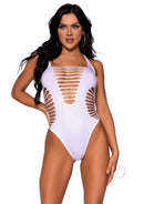 Leg Avenue Seamless Shredded Racer Back Thong Bodysuit White featuring a stylish cut-out design and sleek fit.