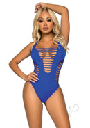 Leg Avenue Seamless Shredded Racer Back Thong Bodysuit Blue showcasing sleek cutouts and body-hugging fit.