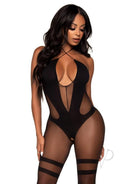 Leg Avenue Sheer Keyhole Twist Halter Bodystocking Black showcasing a twisted halter neckline and keyhole cutout design.