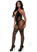 Leg Avenue Sheer Keyhole Twist Halter Bodystocking Black displayed on a model showcasing sexy sheer panels.