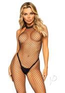 Leg Avenue Industrial Net Racer Neck Backless Bodystocking on model, showcasing bold industrial net look and racer neck design.