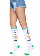 Leg Avenue Eat Me Knee Highs One Size Multicolor worn with denim shorts, colorful playful socks with bold text.