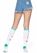 Leg Avenue Eat Me Knee Highs One Size Multicolor worn with denim shorts, showcasing a playful and colorful design.