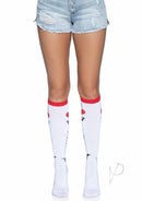 Leg Avenue Wiener Dog Knee Highs One Size Multicolor worn with denim shorts, featuring playful wiener dog design.
