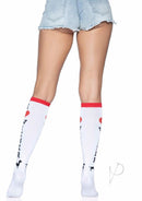 Leg Avenue Wiener Dog Knee Highs One Size Multicolor worn with denim shorts, featuring a colorful wiener dog design.