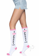 Leg Avenue Pussycat Knee Highs One Size White and Pink with playful text design on a model's legs