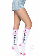 Leg Avenue Pussycat Knee Highs One Size White and Pink worn with denim shorts, showcasing playful design.