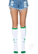 Leg Avenue Plant Based Knee Highs One Size White and Green displayed with distressed denim shorts.