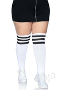 Leg Avenue Over The Knee Athletic Socks 1X/2X White/Black worn with a black skirt and white sneakers.