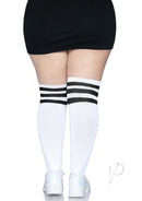 Leg Avenue Over The Knee Athletic Socks 1X/2X White/Black styled with a black skirt and white shoes.