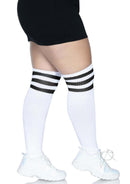 Leg Avenue Over The Knee Athletic Socks 1X/2X White/Black displayed on a model, featuring bold black stripes.