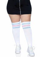 Leg Avenue Over The Knee Athletic Socks 1X/2X Pink/Blue worn with a black skirt and white shoes, showcasing sporty retro style.