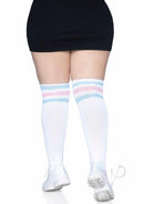 Leg Avenue Over The Knee Athletic Socks 1X/2X Pink/Blue worn with a black skirt and white sneakers from the back.