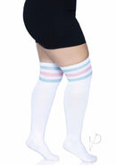 Leg Avenue Over The Knee Athletic Socks 1X/2X Pink/Blue modeled on a curvy figure, showcasing sporty retro style.