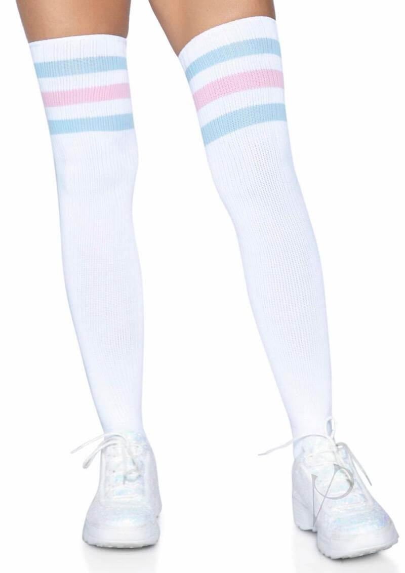 Leg Avenue Athlete Thigh Hi 3 Stripe Top OS Pink Blue featuring vibrant stripes and a comfortable fit.
