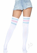 Leg Avenue Athlete Thigh Hi 3 Stripe Top OS Pink Blue showcased with denim shorts