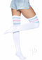 Leg Avenue Athlete Thigh Hi 3 Stripe Top OS Pink Blue showcased on model wearing denim shorts.