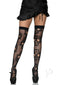 Leg Avenue Sugar Skull Net Thigh Highs OS Black worn with a black skirt, showcasing bold skull designs.